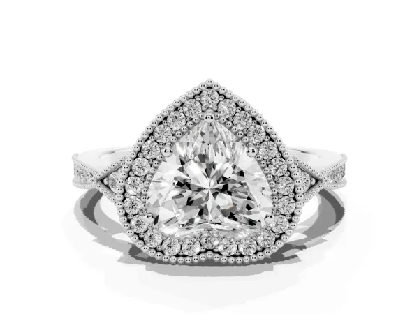 Heart Cut Halo Round Diamond Milgrain Pave Engagement Ring White gold