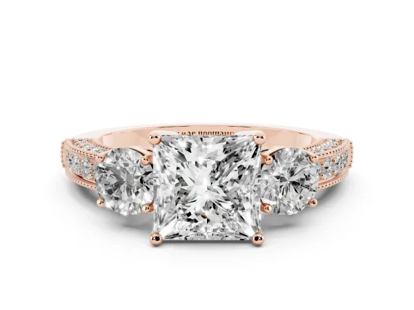 Princess Cut Three-Stone Diamond Ring with Pavé Band and Four-Prong Setting Rose gold