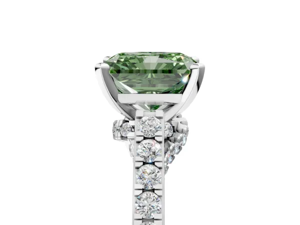 Fancy Green Radiant Cut Diamond Solitaire Ring with Crossover Gallery and Round Pavé Band Platinum