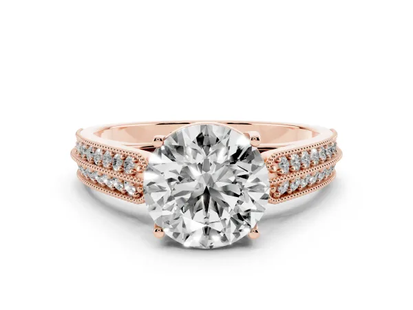 Round Cut Brilliant Solitaire Engagement Ring with Pave Band and Four-Prong Setting Rose gold