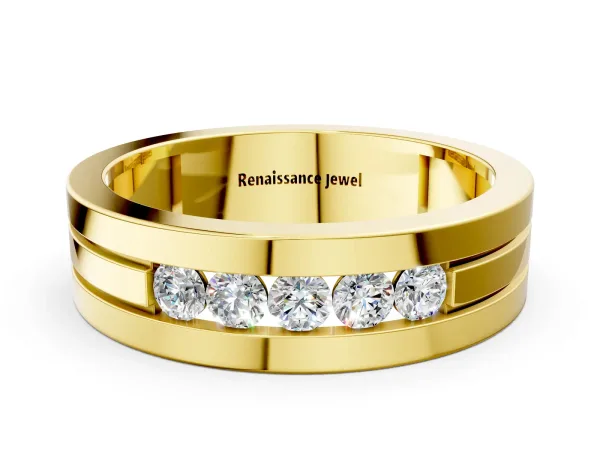 Round Diamond Five-Stone Channel Set Mens Band Yellow gold