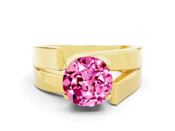 Modern Tension Set Round Cut Pink Sapphire Solitaire Wide Band Ring Yellow gold