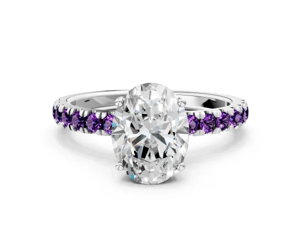 Oval Cut Diamond Pave Band Solitaire Ring with Round Amethyst and Prong Setting White gold