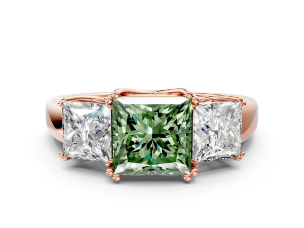 Fancy Green Three-Stone Princess Cut Cut Diamond Ring with Channel Set Band and Four-Prong Setting Rose gold