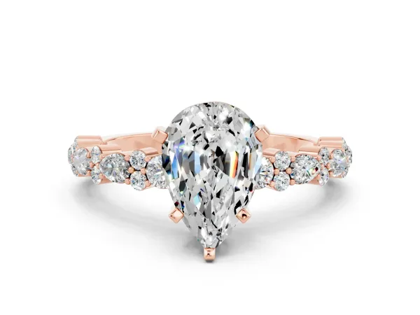 Pear Cut Moissanite Side Stone Solitaire Ring with Round and Four-Prong Setting Rose gold