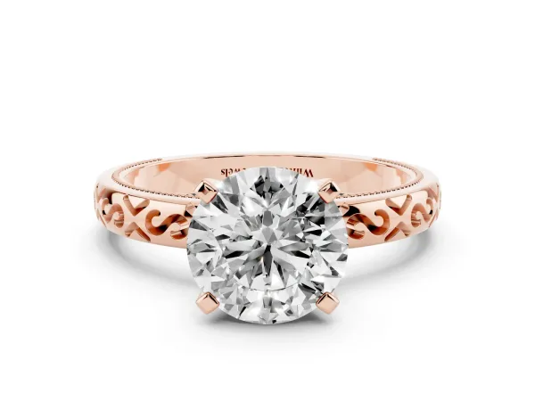 Round Cut Solitaire Engagement Ring with Scrollwork Band and Four-Prong Setting Rose gold