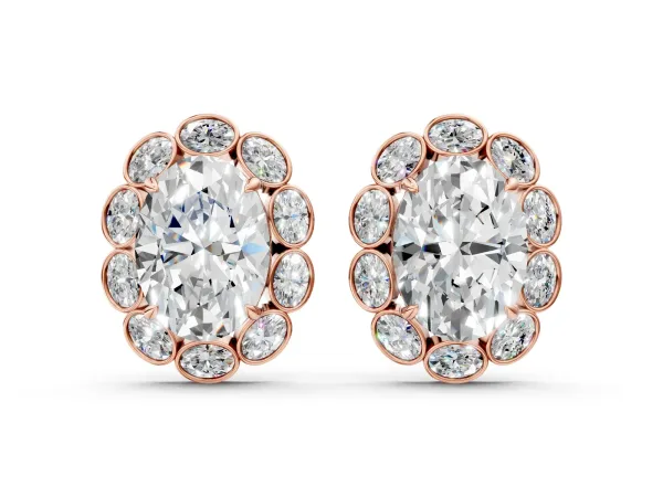 Oval Diamond Halo Stud Earrings with Oval Diamond Accents Rose gold