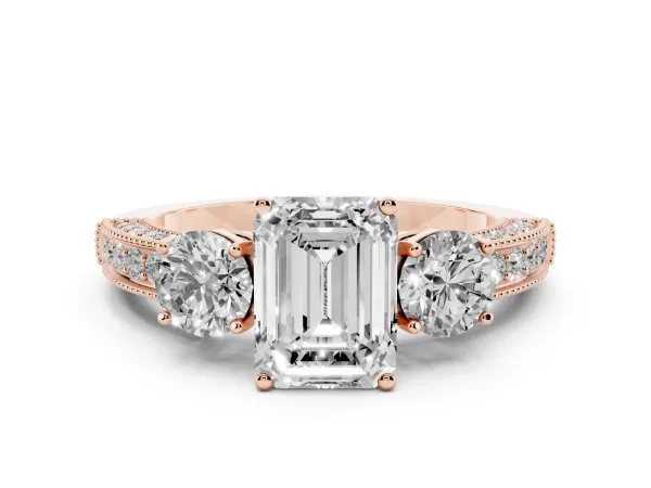 Emerald Cut Three-Stone Diamond Ring with Pavé Band and Four-Prong Setting Rose gold