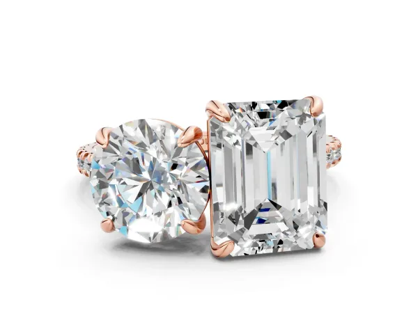 Round and Emerald Toi Moi Ring with Prong Setting and Pave Band Rose gold