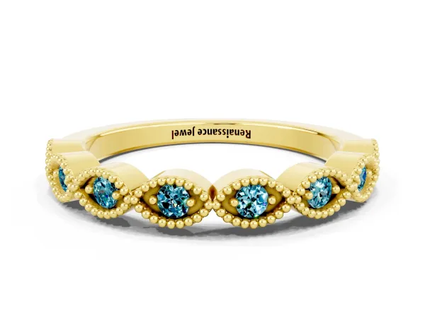 Milgrain Marquise Blue Topaz Half Eternity Band with Bezel Setting Yellow gold