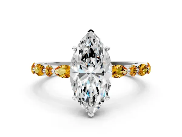 Marquise Cut Diamond Ring with Marquise and Round Citrine Side Stones and Four-Prong Setting White gold