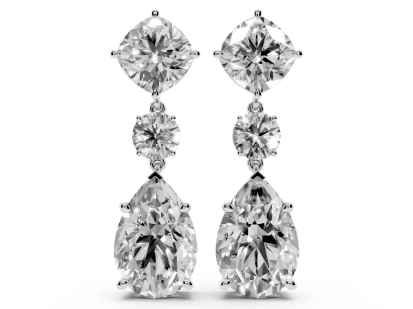Cushion, Round and Pear Diamond Three-Stone Drop Earrings Platinum