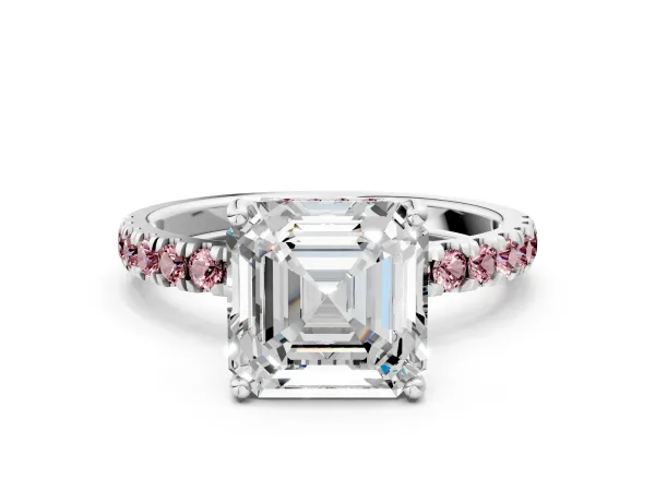 Asscher Cut Diamond Pave Band Solitaire Ring with Round Morganite and Prong Setting Platinum