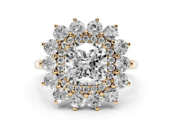 Cushion Cut Diamond Floral Double Halo Engagement Ring with Prong Setting Yellow gold