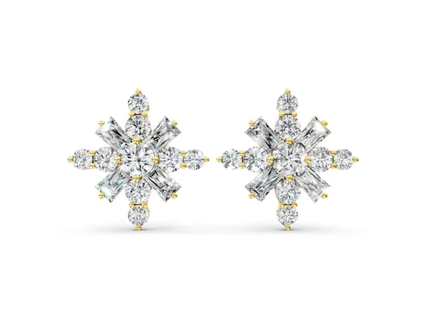 Round Cut Diamond Snowflake Cluster Stud Earrings Yellow gold