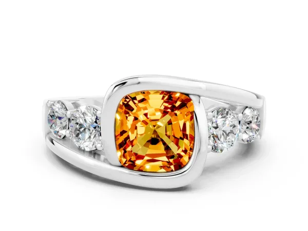 Bezel Set Cushion Cut Citrine Bypass Ring with Round Accents Platinum