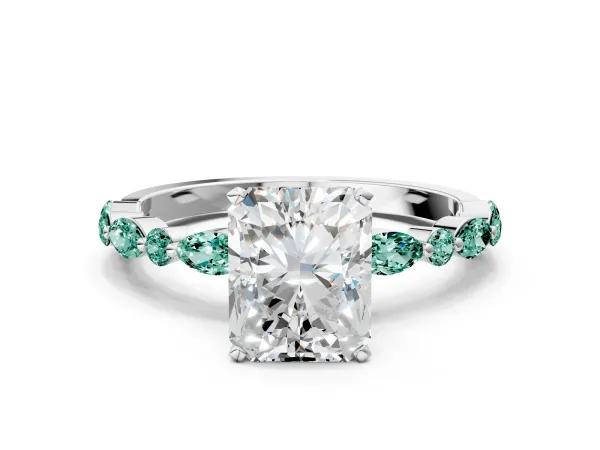 Radiant Cut Diamond Ring with Marquise and Round Green Sapphire Side Stones and Four-Prong Setting Platinum
