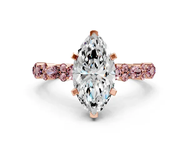 Marquise Cut Diamond Side Stone Solitaire Ring with Round Morganite and Four-Prong Setting Rose gold