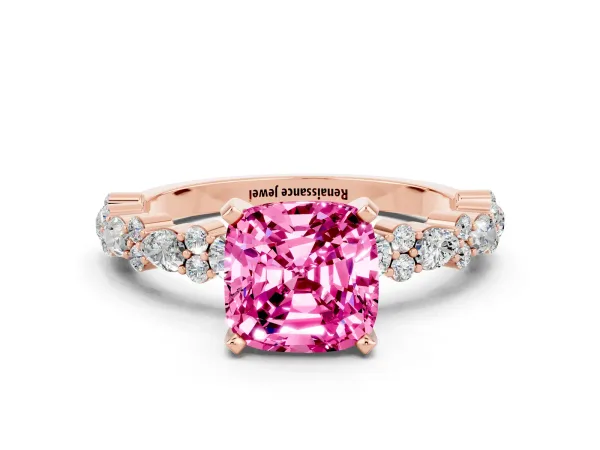 Cushion Cut Pink Sapphire Side Stone Solitaire Ring with Round and Four-Prong Setting Rose gold