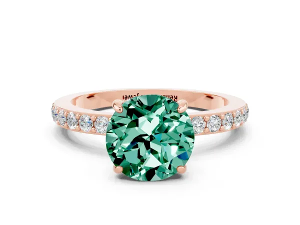 Round Cut Green Sapphire Solitaire Engagement Ring with Pavé Band and Four-Prong Setting Rose gold