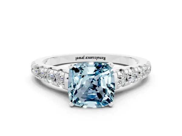 Cushion Cut Aquamarine Cathedral Solitaire Ring with Round Pavé Band Platinum