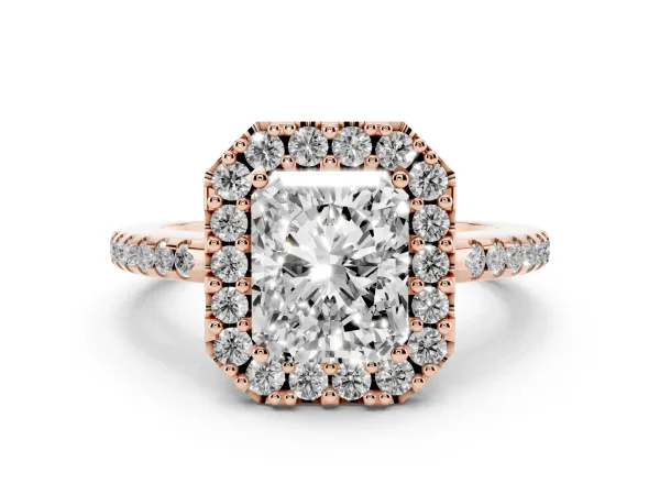 Radiant Cut Diamond Pavé Halo Ring with Four-Prong Setting Rose gold