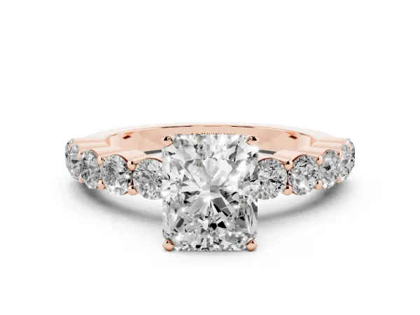 Radiant Cut Diamond Solitaire Ring with Shared Prong Round Side Stones Rose gold
