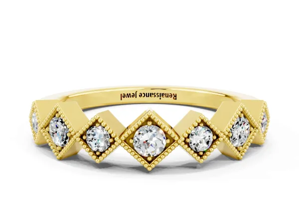 Milgrain Square Bezel Round Moissanite Chevron Band Yellow gold