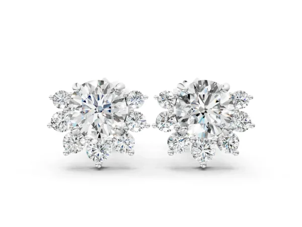 Cluster Round Diamond Stud Earrings with White Gold Band and Four-Prong Setting Silver