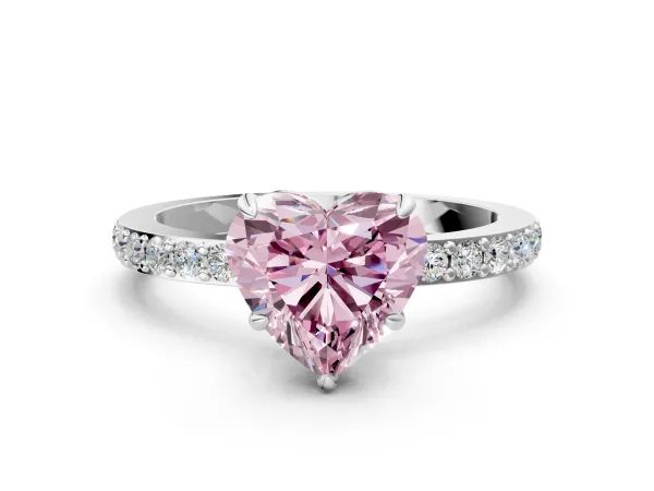 Fancy Pink Heart Cut Diamond Solitaire Engagement Ring with Pavé Band and Four-Prong Setting Platinum