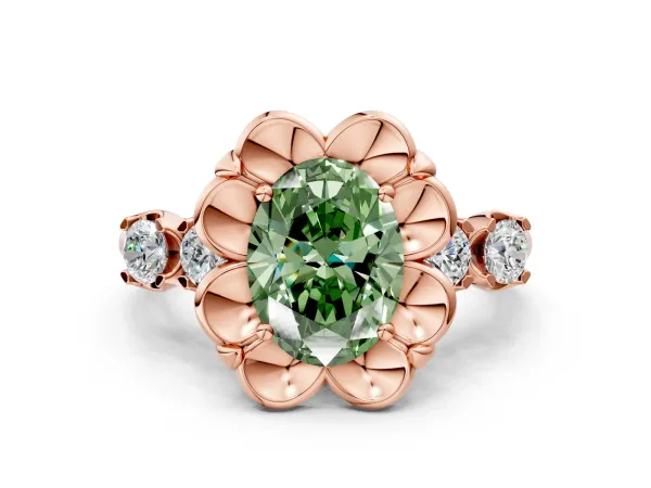 Fancy Green Oval Cut Cut Diamond Floral Halo Engagement Ring with Shared Prong Setting Rose gold