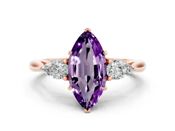 Marquise Cut Amethyst Three-Stone Ring with Pear Side Stones and Prong Setting Rose gold