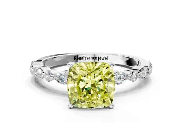 Fancy Yellow Cushion Cut Diamond Ring with Marquise and Round Side Stones and Four-Prong Setting White gold