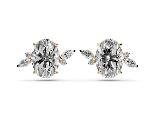 Oval Cut Diamond Nature-Inspired Stud Earrings with Marquise and Round Accents Yellow gold