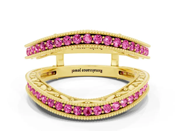 Round Pink Sapphire Milgrain Eternity Band with Channel Setting Yellow gold