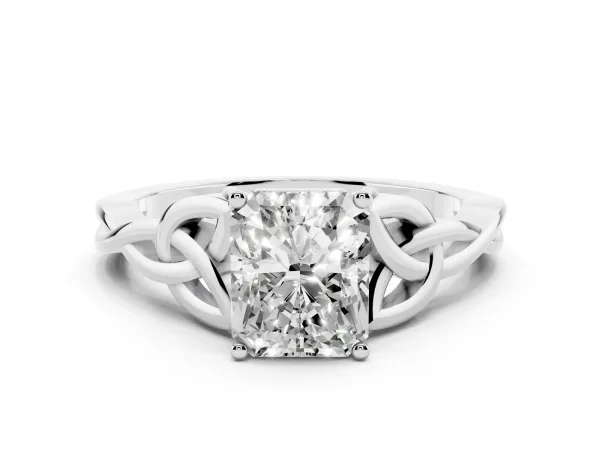 Radiant Cut Diamond Solitaire Engagement Ring with Celtic Knot Band and Four-Prong Setting White gold