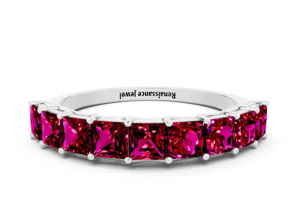 Princess Cut Garnet Channel-Set Eternity Band with Prong Setting Platinum
