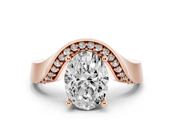 Oval Cut Solitaire Diamond Engagement Ring with Pave Band and Four-Prong Setting Rose gold