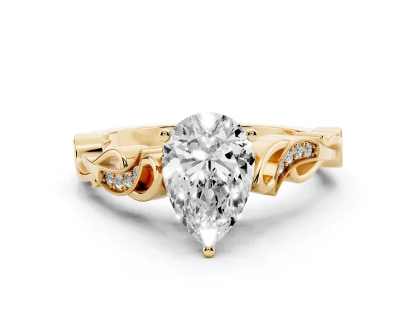 Pear Cut Solitaire Vine Band with Milgrain Prong Setting Yellow gold