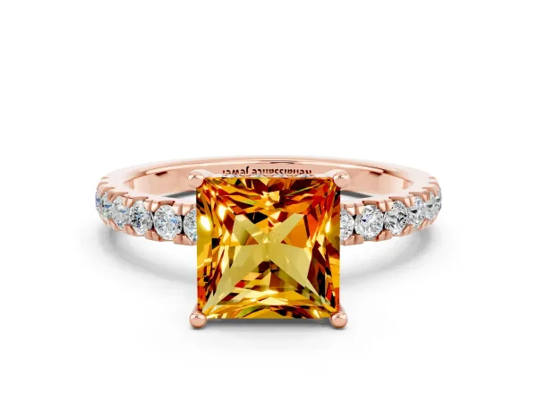 Princess Cut Citrine Pave Band Solitaire Ring with Round and Prong Setting Rose gold