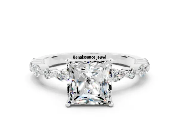 Princess Cut Moissanite Ring with Marquise and Round Side Stones and Four-Prong Setting Platinum