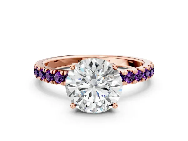 Round Cut Diamond Pave Band Solitaire Ring with Round Amethyst and Prong Setting Rose gold