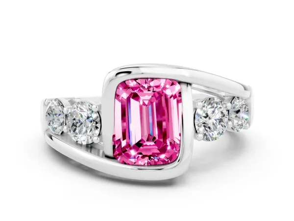 Bezel Set Emerald Cut Pink Sapphire Bypass Ring with Round Accents Platinum