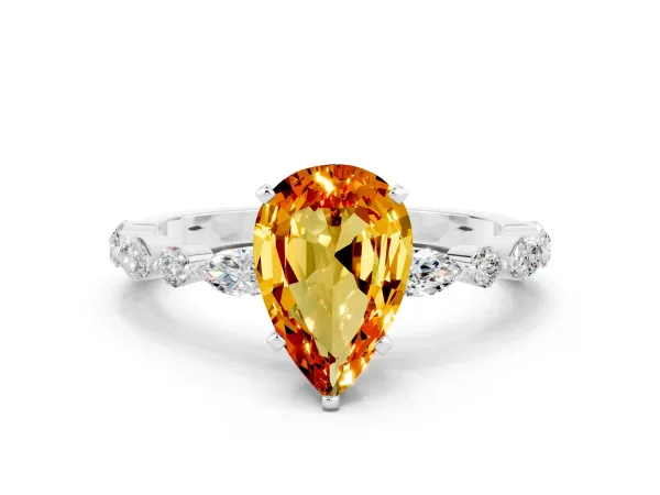 Pear Cut Citrine Ring with Marquise and Round Side Stones and Four-Prong Setting White gold