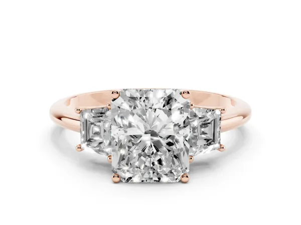Radiant Cut Diamond Three-Stone Ring with Trapezoid Side Stones and Prong Setting Rose gold