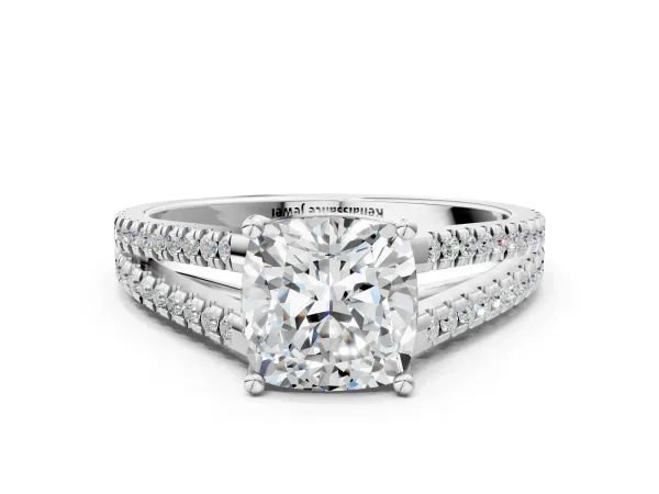 Cushion Cut Diamond Solitaire Engagement Ring with Split Shank Pavé Band Silver