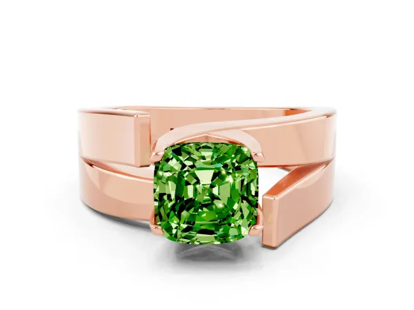 Modern Tension Set Cushion Cut Peridot Solitaire Wide Band Ring Rose gold