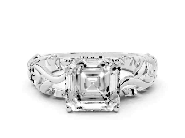 Asscher Cut Solitaire Diamond Leaf-Inspired Vine Band Ring with Prong Setting White gold