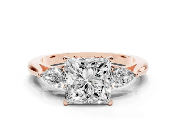 Three-Stone Princess Cut Diamond Ring with Pear Side Stones in Four-Prong Setting Rose gold