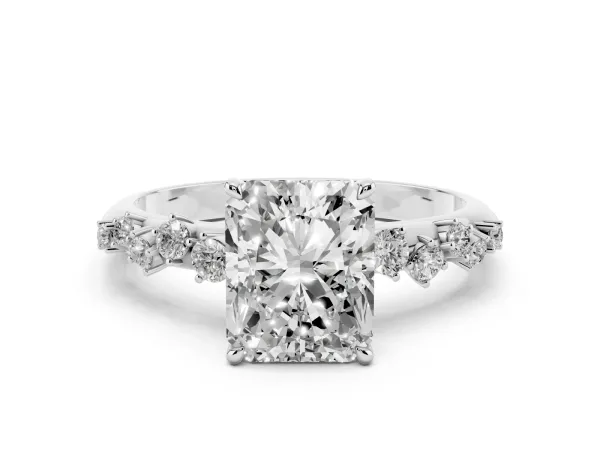 Radiant Cut Diamond Cluster Side Stone Solitaire Ring with Prong Setting White gold